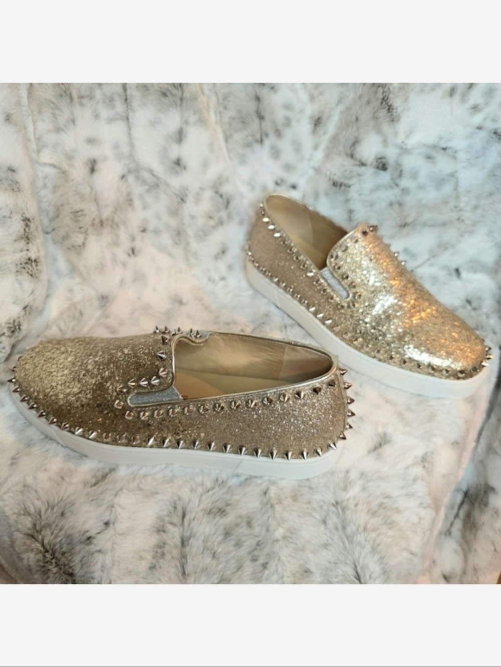 Christian Louboutin Pik Boat slip-on Spiked Leather Sneakers Silver Gold EU 37.5 - Picture 3 of 11